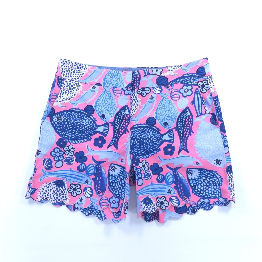Talbots Womens Shorts Size 2 Pink Blue Fish Print Scalloped Hem Chino 12/17